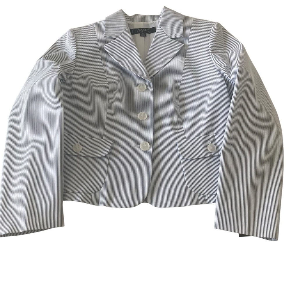 KASPER Blue White Striped Linen Cotton 3 Button Jacket Women Size 12P New